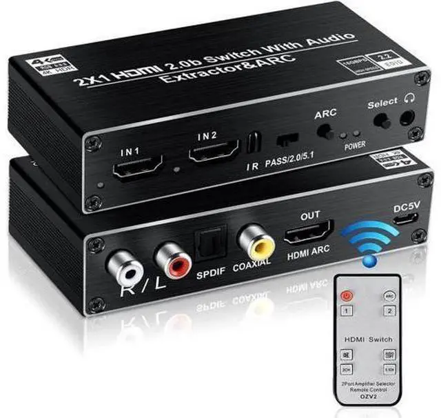 Main image of 2 in 1 Out HDMI 2.0b Switch with Audio Extractor & IR Remote, 4K@60Hz HDMI Switcher Splitter, Optical Toslink SPDIF, Coaxial, RCA Stereo Audio Output for HDTV Projector Game Consoles