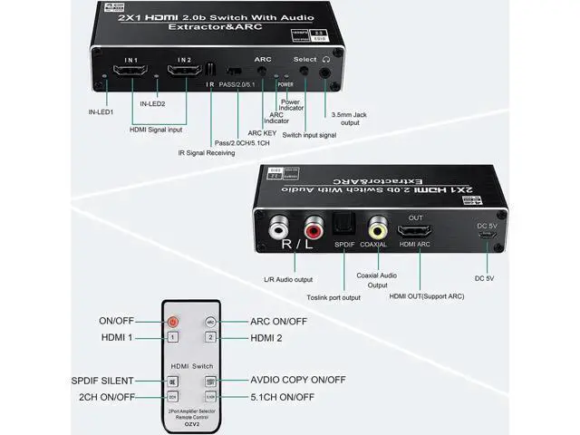 Alt view image 4 of 6 - 2 in 1 Out HDMI 2.0b Switch with Audio Extractor & IR Remote, 4K@60Hz HDMI Switcher Splitter, Optical Toslink SPDIF, Coaxial, RCA Stereo Audio Output for HDTV Projector Game Consoles