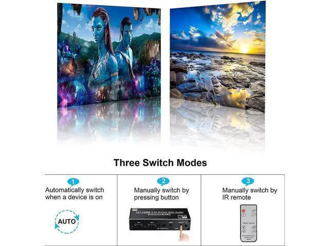 Alt view image 5 of 6 - 2 in 1 Out HDMI 2.0b Switch with Audio Extractor & IR Remote, 4K@60Hz HDMI Switcher Splitter, Optical Toslink SPDIF, Coaxial, RCA Stereo Audio Output for HDTV Projector Game Consoles