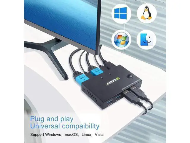 Alt view image 3 of 7 - AIMOS 2 Port HDMI KVM Switch Box with 4 USB Hub, 4K@30Hz UHD, 2 Computers Share 1 HD Monitor, Keyboard & Mouse
