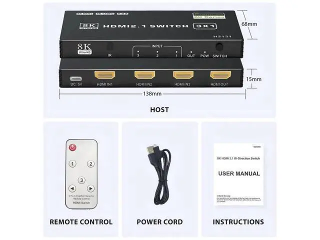 Alt view image 3 of 7 - 3 in 1 Out HDMI 2.1 Switch, 48Gbps High Speed HDMI Switcher Supports 8K@60Hz, 4K@120Hz, HDR10, CEC & Auto Switching, HDCP 2.3 for PS5, Xbox Series X/S, Nintendo Switch, PC, DVD Player, HDTV