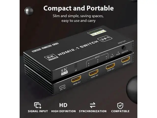 Alt view image 2 of 7 - 3 in 1 Out HDMI 2.1 Switch, 48Gbps High Speed HDMI Switcher Supports 8K@60Hz, 4K@120Hz, HDR10, CEC & Auto Switching, HDCP 2.3 for PS5, Xbox Series X/S, Nintendo Switch, PC, DVD Player, HDTV