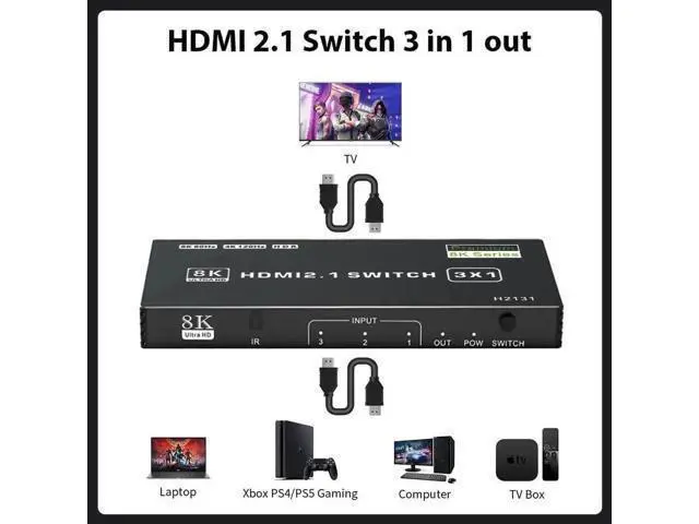 Alt view image 6 of 7 - 3 in 1 Out HDMI 2.1 Switch, 48Gbps High Speed HDMI Switcher Supports 8K@60Hz, 4K@120Hz, HDR10, CEC & Auto Switching, HDCP 2.3 for PS5, Xbox Series X/S, Nintendo Switch, PC, DVD Player, HDTV