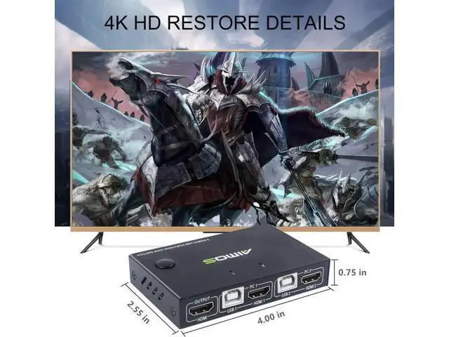 Alt view image 7 of 7 - AIMOS 2 Port HDMI KVM Switch Box with 4 USB Hub, 4K@30Hz UHD, 2 Computers Share 1 HD Monitor, Keyboard & Mouse