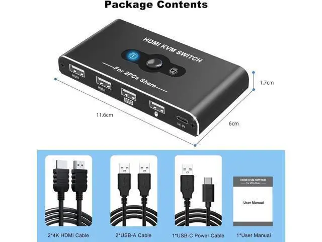 Alt view image 2 of 7 - 2-Port HDMI KVM Switch, 4K@60Hz, 2 PCs Share 1 Monitor & 4 USB Devices for Keyboard Mouse Peripherals