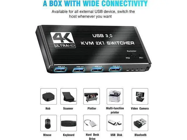 Alt view image 2 of 7 - 2 Port USB 3.0 KVM Switch 2 In 1 Out, Support EDID & HDCP, 2 Computers Share Keyboard Mouse Printer
