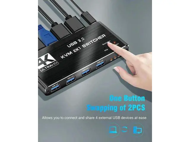 Alt view image 7 of 7 - 2 Port USB 3.0 KVM Switch 2 In 1 Out, Support EDID & HDCP, 2 Computers Share Keyboard Mouse Printer
