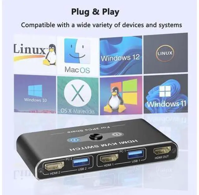 Alt view image 7 of 7 - 2 Port HDMI KVM Switch 4K@60Hz, 2 Computers Share 1 Monitor & 4 USB 3.0 Peripherals (Keyboard, Mouse, Printer, Scanner)