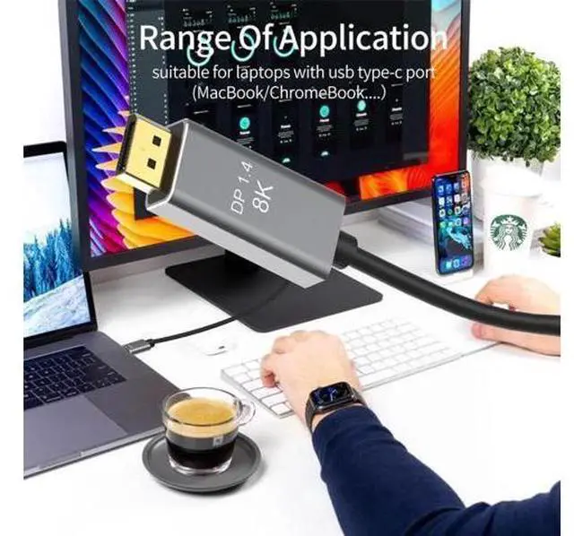 Alt view image 7 of 7 - USB C to DisplayPort 1.4, 8K 60Hz Thunderbolt 4/3 /USB4 to DP Cable 10FT/3M(4K 60Hz 144Hz 120Hz 2K 240Hz) 32.4Gbps HBR3 Alt Mode Adapter for Mac Studio, MacBook Pro, XPS Black