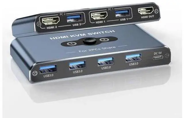 Main image of 2 Port HDMI KVM Switch 4K@60Hz, 2 Computers Share 1 Monitor & 4 USB 3.0 Peripherals for Keyboard Mouse Printer Scanner, Grey