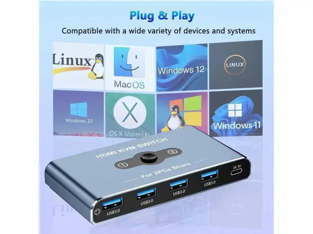 Alt view image 4 of 7 - 2 Port HDMI KVM Switch 4K@60Hz, 2 Computers Share 1 Monitor & 4 USB 3.0 Peripherals for Keyboard Mouse Printer Scanner, Grey