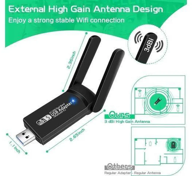 Alt view image 2 of 7 - 1300Mbps Dual Band USB WiFi Bluetooth Adapter, 2.4GHz & 5GHz Wireless Network Receiver, Mini USB WiFi Dongle for Desktop PC, Laptop, Windows & Mac OS