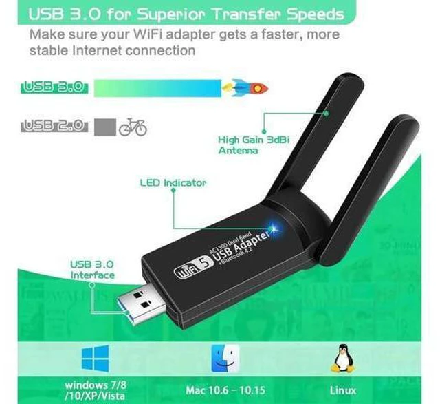 Alt view image 4 of 7 - 1300Mbps Dual Band USB WiFi Bluetooth Adapter, 2.4GHz & 5GHz Wireless Network Receiver, Mini USB WiFi Dongle for Desktop PC, Laptop, Windows & Mac OS