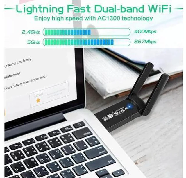 Alt view image 6 of 7 - 1300Mbps Dual Band USB WiFi Bluetooth Adapter, 2.4GHz & 5GHz Wireless Network Receiver, Mini USB WiFi Dongle for Desktop PC, Laptop, Windows & Mac OS