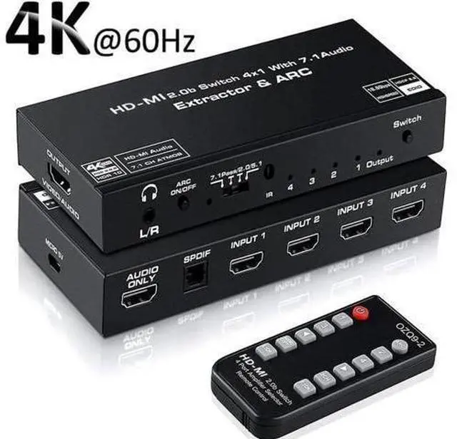 Main image of 4 in 1 Out HDMI 2.0b Audio Extractor Switch with IR Remote, 4 Port 4K@60Hz HDMI Switcher with Optical SPDIF & 3.5mm AUX Audio Output, 18Gbps Bandwidth Supports ARC, HDR, HDCP 2.2, Dolby Vision
