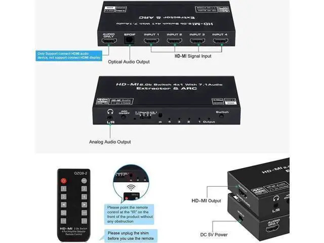 Alt view image 3 of 7 - 4 in 1 Out HDMI 2.0b Audio Extractor Switch with IR Remote, 4 Port 4K@60Hz HDMI Switcher with Optical SPDIF & 3.5mm AUX Audio Output, 18Gbps Bandwidth Supports ARC, HDR, HDCP 2.2, Dolby Vision