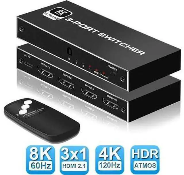 Main image of 3 in 1 Out HDMI 2.1 8K Switch with IR Remote Control, 3-Port 48Gbps HDMI Switcher Box Supports 8K@60Hz, 4K@120Hz, 4K@30Hz & 3D, Compatible with Nintendo Switch, PS4/PS5, Xbox 360/Xbox One, Fire TV Sti