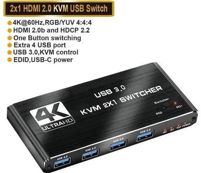 Main image of 2 Port USB 3.0 KVM Switch 2 In 1 Out, Support EDID & HDCP, 2 Computers Share Keyboard Mouse Printer