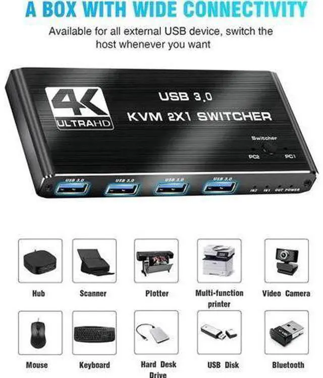 Alt view image 2 of 7 - 2 Port USB 3.0 KVM Switch 2 In 1 Out, Support EDID & HDCP, 2 Computers Share Keyboard Mouse Printer