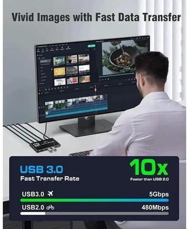 Alt view image 6 of 7 - 2 Port USB 3.0 KVM Switch 2 In 1 Out, Support EDID & HDCP, 2 Computers Share Keyboard Mouse Printer