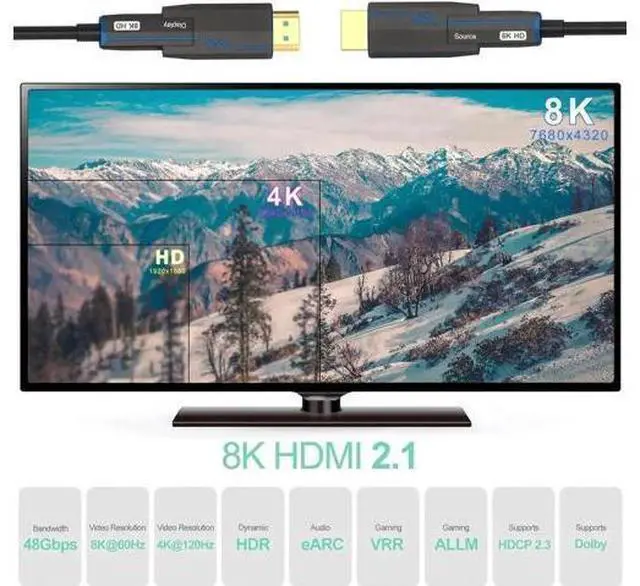 Alt view image 5 of 7 - 8K Fiber Optic HDMI Cables 100Ft, 48Gbps Ultra High Speed HDMI 2.1 Cable, 8K@60Hz 4K@120Hz, Compatible for Playstation 5 PC HDTV, Male-to-Malewith Dual Micro HDMI and Standard HDMI Connectors