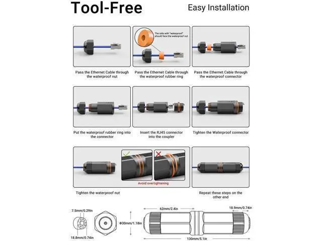 Alt view image 3 of 7 - 5.3 IN IP68 Waterproof Shielded Cat6A Female to Female RJ45 Coupler, 10Gbps Outdoor Weatherproof LAN Cable Extender Connector, Compatible with Cat5/Cat5e/Cat6/Cat6A Ethernet Cables (5 Pack)
