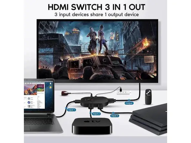 Alt view image 6 of 7 - 3 in 1 Out 8K UHD HDMI 2.1 Switch with IR Remote, 3-Port HDMI Switch Box Hub, Support 8K@60Hz, 3D, 1080P, HDCP 2.3, Compatible with PS5, PS4, Xbox, DVD Player, Fire Stick, TV, PC, Projector