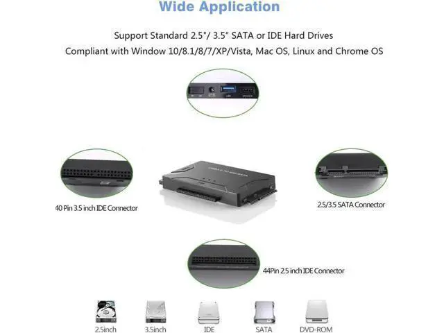 Alt view image 2 of 7 - USB 3.0 to SATA & IDE Combo Hard Drive Adapter Converter with Power Switch, Compatible with 2.5/3.5 Inch SATA HDD SSD & IDE Hard Disks, Supports Up to 4TB Storage