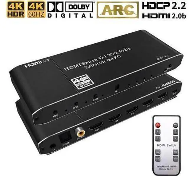 Main image of 4 in 1 Out HDMI Switch with Audio Extractor & IR Remote, 4K@60Hz HDMI Audio Separator Converter with Optical SPDIF, Coaxial & 3.5mm AUX Output, Supports ARC, HDR10, Dolby Atmos, EDID & HDCP2.2