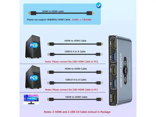 Alt view image 6 of 7 - 2 Port HDMI KVM Switch 4K@60Hz, 2 Computers Share 1 Monitor & 4 USB 3.0 Peripherals for Keyboard Mouse Printer Scanner, Grey