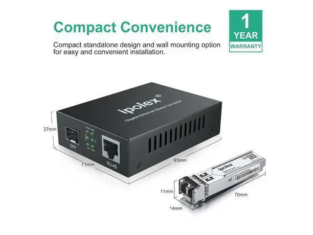 Alt view image 6 of 6 - Gigabit Multi-Mode LC Fiber to Ethernet Media Converter with SFP SX Module, 1.25G Fiber to Copper RJ45, 1000Base-SX to 10/100/1000Base-TX, MMF, Transmission up to 550 meters/1804 ft