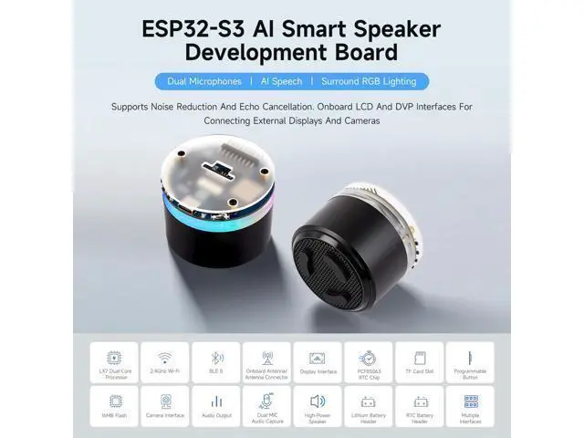 Alt view image 3 of 7 - ESP32-S3 AI Smart Speaker Development Board, Dual Microphones, Noise Reduction, RGB Lighting, External Display & Camera Support