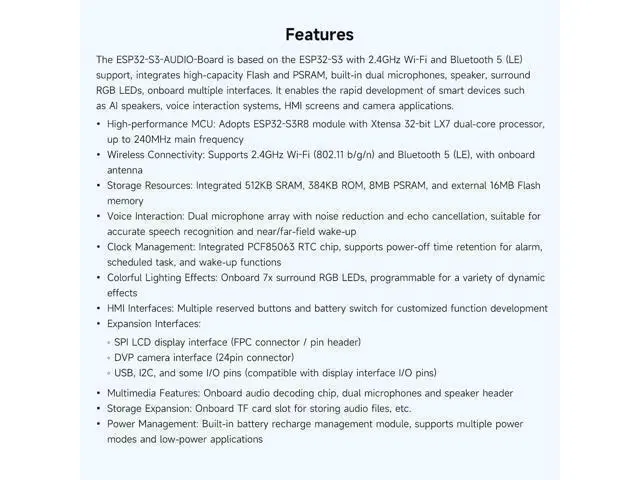 Alt view image 4 of 7 - ESP32-S3 AI Smart Speaker Development Board, Dual Microphones, Noise Reduction, RGB Lighting, External Display & Camera Support