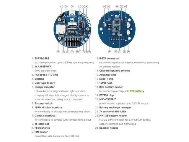 Alt view image 7 of 7 - ESP32-S3 AI Smart Speaker Development Board, Dual Microphones, Noise Reduction, RGB Lighting, External Display & Camera Support