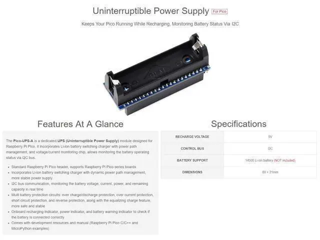 Alt view image 3 of 5 - UPS Module for Raspberry Pi Pico with Uninterruptible Power Supply Monitoring Battery Status Via I2C
