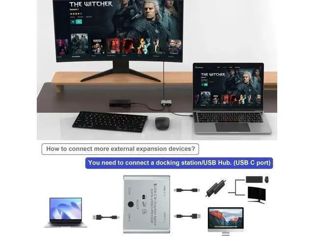 Alt view image 6 of 7 - Bi-Directional USB-C KVM Switch for 2 Computers, Support 8K@60Hz / 4K@144Hz Video, 10Gbps Data Transfer & 100W PD Charging, Includes Power Cable