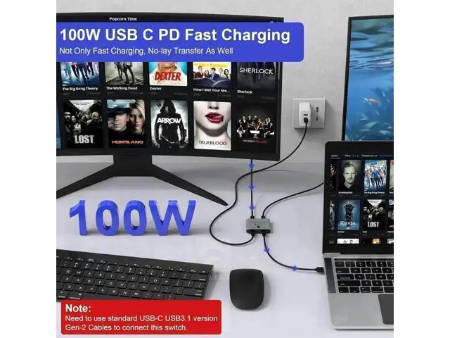 Alt view image 7 of 7 - Bi-Directional USB-C KVM Switch for 2 Computers, Support 8K@60Hz / 4K@144Hz Video, 10Gbps Data Transfer & 100W PD Charging, Includes Power Cable