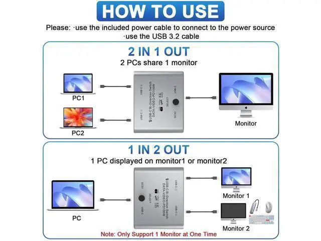 Alt view image 4 of 7 - Bi-Directional USB-C KVM Switch, 8K@60Hz 4K@144Hz Video, 100W PD & 10Gbps Data Transfer with Power Cable