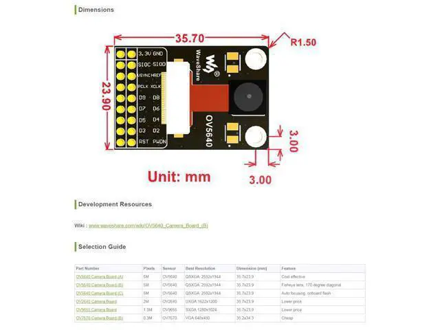 Alt view image 6 of 6 - OV5640 Camera Board (B) Image Sensor Module 5 Megapixel (2592x1944) Fisheye Lens to Achieve 170 Degree Diagonal