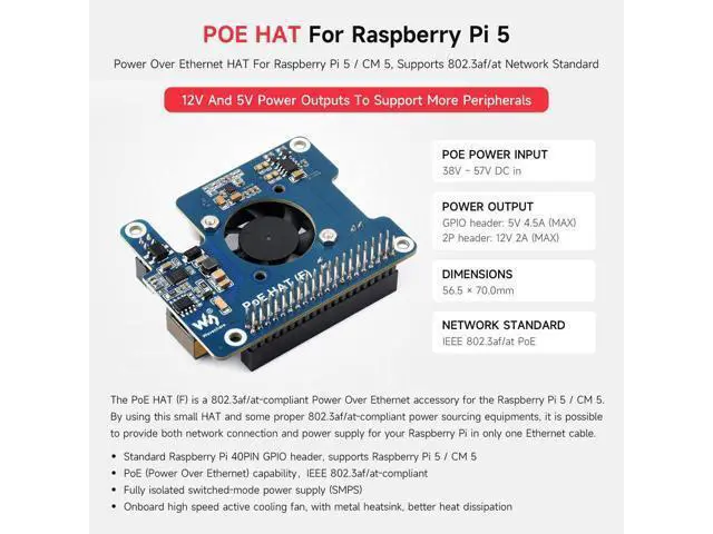 Alt view image 3 of 7 - PoE HAT (F) Compatible with Raspberry Pi 5, High Power, Onboard Cooling Fan, with Metal Heatsink, Supports 802.3af/at Network Standard