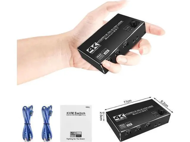Alt view image 4 of 7 - 2-Port HDMI USB2.0 KVM Switch 2-in-1 Out, 4K@60Hz Metal KVM Switcher with Button & Hotkey Switch, 2 USB Cables Included for Sharing 1 Monitor Keyboard Mouse Between 2 PCs