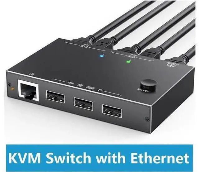 Main image of 2 Port HDMI KVM Switch with Ethernet Port, 2 In 1 Out 4K@60Hz KVM Switcher, 2 PCs Share 1 Monitor & 3 USB Peripherals for Keyboard Mouse, Built-in Ethernet Port