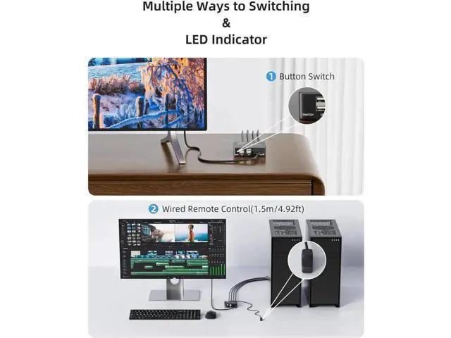 Alt view image 3 of 7 - 2 Port HDMI 2.1 KVM Switch 8K@60Hz/4K@120Hz, 2 In 1 Out KVM Switch for 2 PCs Share 1 Monitor, 4 USB 2.0 Ports, Comes with Desktop Remote Controller & 2 USB Cables
