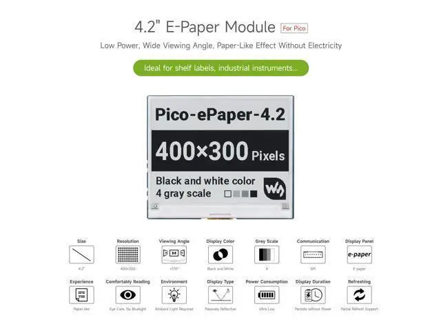 Alt view image 3 of 7 - 4.2inch E-Paper E-Ink Display Module for Raspberry Pi Pico 400×300 Pixels Black/White with SPI Interface