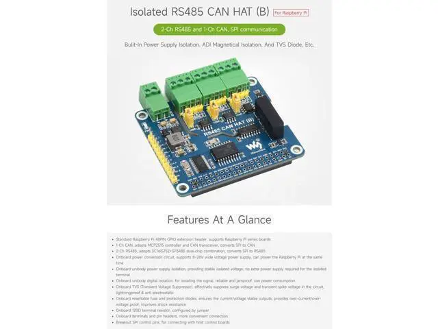 Alt view image 3 of 7 - Isolated RS485 CAN HAT B, Compatible with Raspberry Pi 5/4B/3B/Zero/Zero W/Zero 2W/Pico/Pico W/Pico WH, Type 2-Ch RS485 and 1-Ch CAN Multi Protections