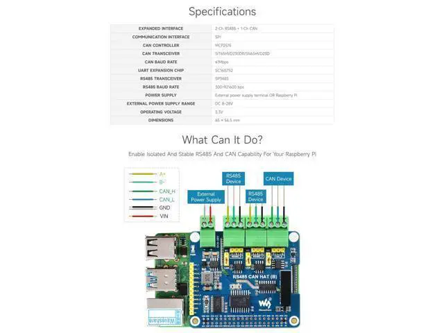 Alt view image 4 of 7 - Isolated RS485 CAN HAT B, Compatible with Raspberry Pi 5/4B/3B/Zero/Zero W/Zero 2W/Pico/Pico W/Pico WH, Type 2-Ch RS485 and 1-Ch CAN Multi Protections