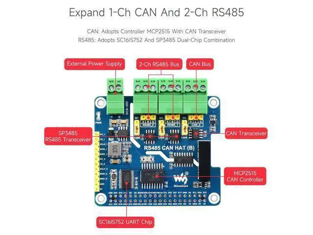 Alt view image 6 of 7 - Isolated RS485 CAN HAT B, Compatible with Raspberry Pi 5/4B/3B/Zero/Zero W/Zero 2W/Pico/Pico W/Pico WH, Type 2-Ch RS485 and 1-Ch CAN Multi Protections