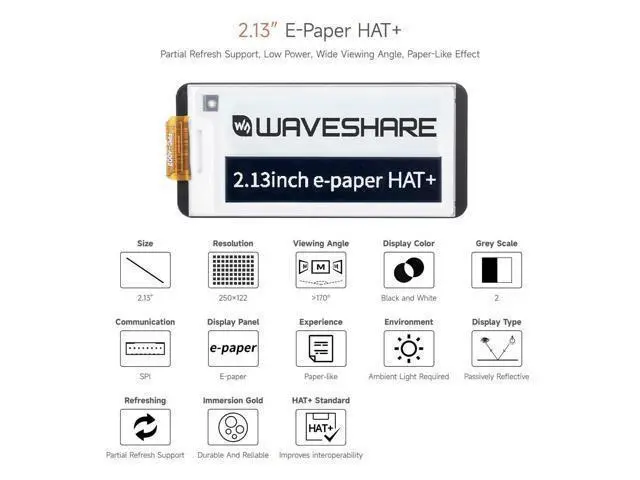 Alt view image 3 of 7 - 2.13inch E-Paper, Compatible with Raspberry Pi 5/4B/3B+/3B/ and Zero Series Boards, E-Ink Screen for Pwnagotchi Kit, SPI Interface, HAT+ Standard