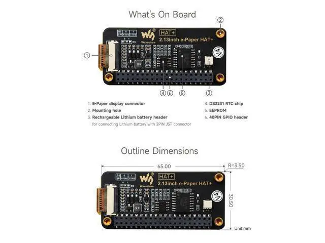 Alt view image 7 of 7 - 2.13inch E-Paper, Compatible with Raspberry Pi 5/4B/3B+/3B/ and Zero Series Boards, E-Ink Screen for Pwnagotchi Kit, SPI Interface, HAT+ Standard