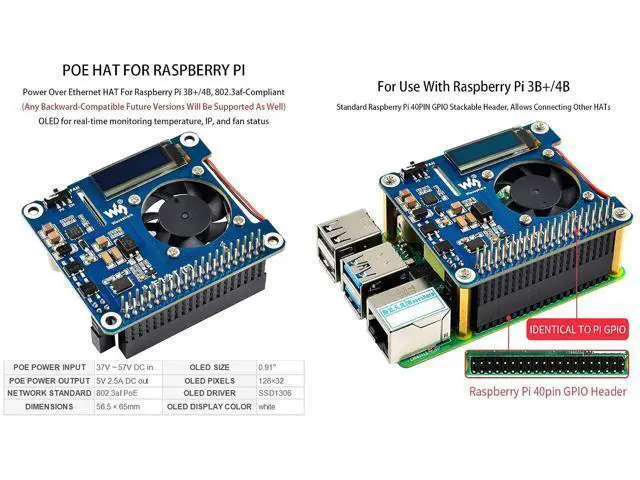 Alt view image 5 of 6 - POE HAT (B) for Raspberry Pi 4B/3B+,Power Over Ethernet HAT with 0.91" OLED,Support 802.3af PoE Network,802.3af Power-Sourcing Equipment Required